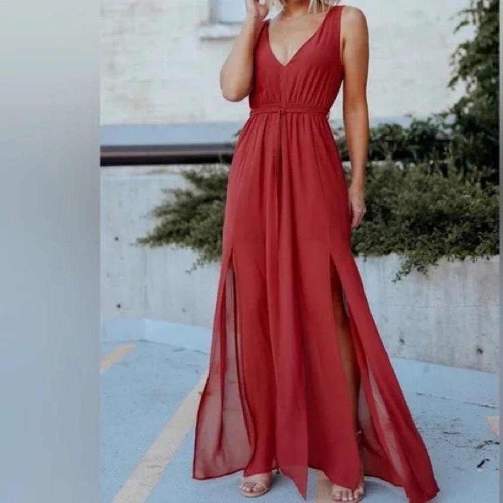 Baltic Born Red Maxi Dress with Deep V and Front Slits